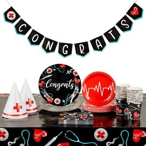 Sparkle and Bash Nurse Graduation Decorations and Party Supplies Set, Serves 24 and Includes Plates, Napkins, Cups, Tablecloths, Hats, and Congrats Banner - Nurse Graduation Party Decorations