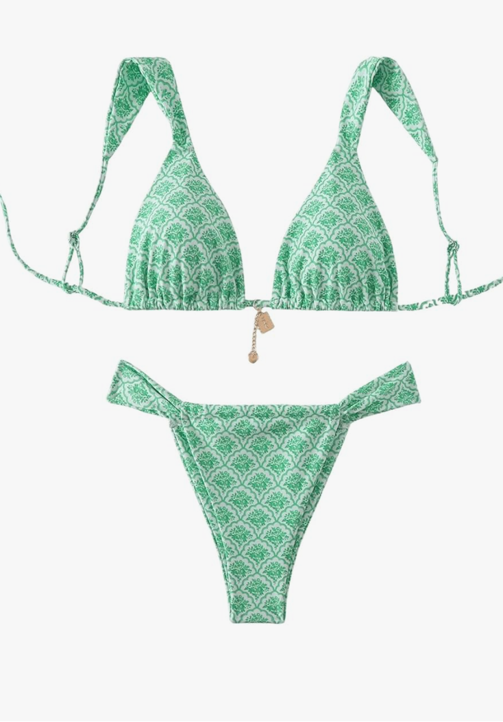 Women's 2 Piece Leopard Floral Bathing Suit Wireless Triangle Swimsuit High Waisted Bikini Sets Green Medium 