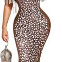 Women Sexy Elegant Rhinestone Mesh See Through Party Club Night Split Bodycon Formal Maxi Dress (Large, 535 Brown)