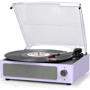 Record Player for Vinyl All-in-one Turntable with Speakers Belt-Driven Turn Table 3-Speed 3 Size 33 1/3 45 78 RPM BT Wireless Headphone AUX-in RCA LP Phonograph Auto Stop New Sleek Light Pale Purple
