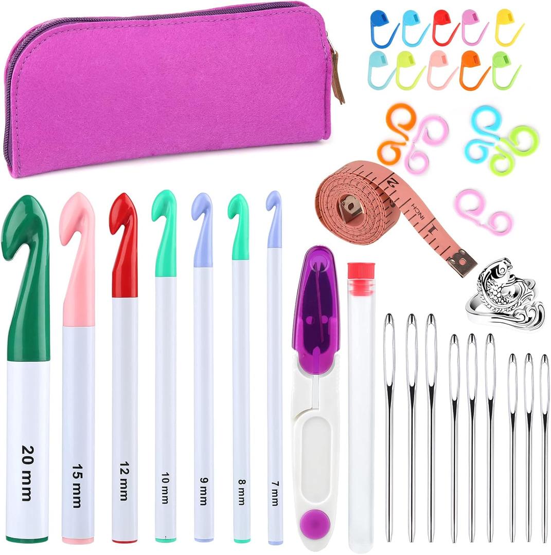 7 Sizes Crochet Hooks Set (7mm-20mm) with 9 Pcs Large-Eye Blunt Needles, Huge Plastic Crochet Hook Crochet, Adjustable Knitting Loop, Extra Large Crochet Hook for Yarn Weaving Craft Tools (40 Pcs - with storage bag)