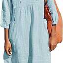 Lafural Womens V Neck Cotton Casual Loose Shift Tunic Smock Summer Dresses Vacation Dress 3/4 Sleeve Pocket Blue XL