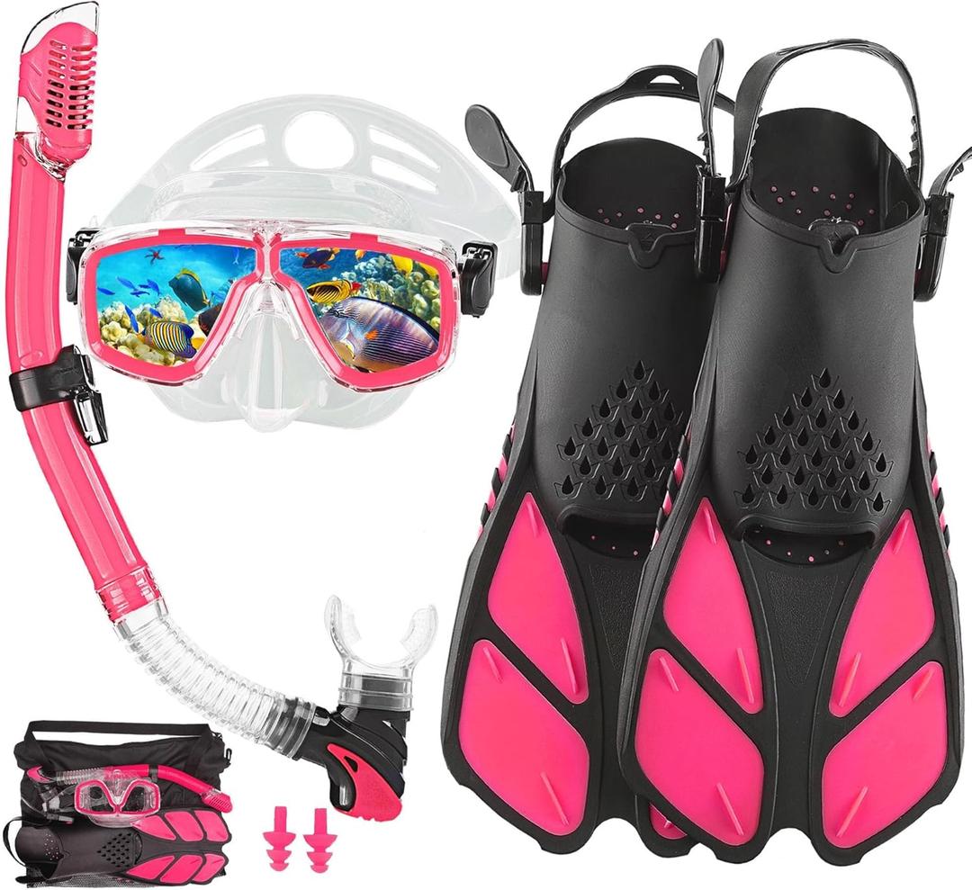 Snorkeling Gear for Adults with Fins Scuba Diving Gear Adult Professional Travel Snorkel Sets with Flippers,Anti-Fog Anti-Leak Diving Mask (US Men 4-8.5 | US Lady 6-9.5, Pink)