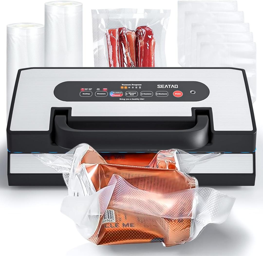 Upgraded Vacuum Sealer for Liquid, SEATAO 90Kpa Vacuum Sealer Machine for Dry/Moist/Liquid Food, Easy-Lock Handle, Double Heat Seal, Built-in Cutter and Bag Storage & Removable Drip Tray (5188M)