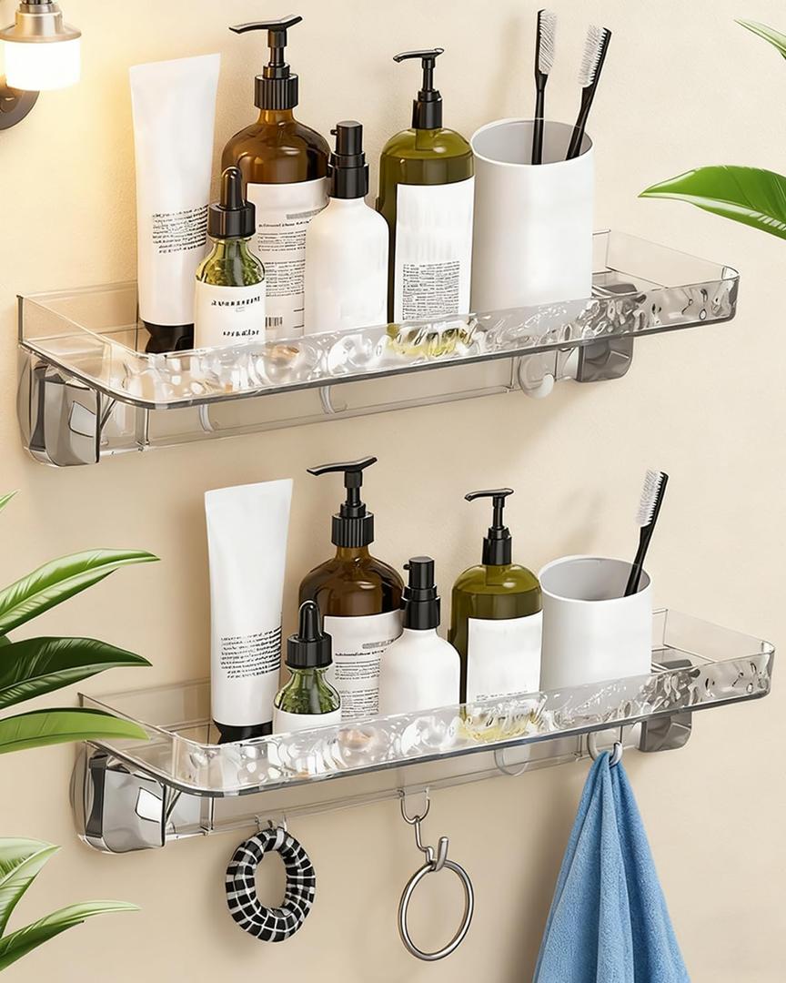 Shower Caddy Suction Cup 2-Pack, Shower Organizer with NO Drill Removable Design Powerful Suction, Holds 22lbs, 8 Hooks for Bathroom Storage, Shower Shelves Kitchen