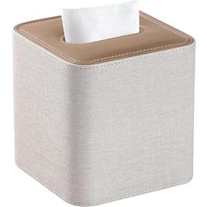 Square Linen Tissue Box Cover with Magnetic Closure, Modern PU Leather Tissue Box Holder for Bathroom Vanity Countertop Night Stands Bedroom Office Desk, Stylish Cube Tissue Holder (Linen)