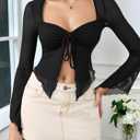 Women's Y2k Mesh Sheer Crop T Shirt Bell Long Sleeve Tie Front Goth Party Tops (Black, M)