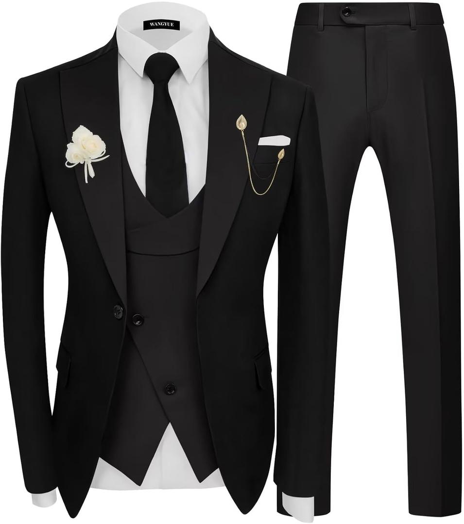 Wangyue 3 Piece Mens Tuxedo Suit Slim Fit Tuxedo for Men Double Breasted Wedding Prom Suits Blazer Vest Pants Sets 2026 XL