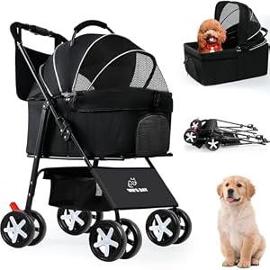 3 in 1 Pet Dog Stroller for Small Medium Dogs 10-50 lbs, Foldable Cat-Strollers for 2-Cats with Removable Carrier, Pet-Strollers for Cats with Storage Bag, Small Puppy-Stroller, Dog-Cart (Black)