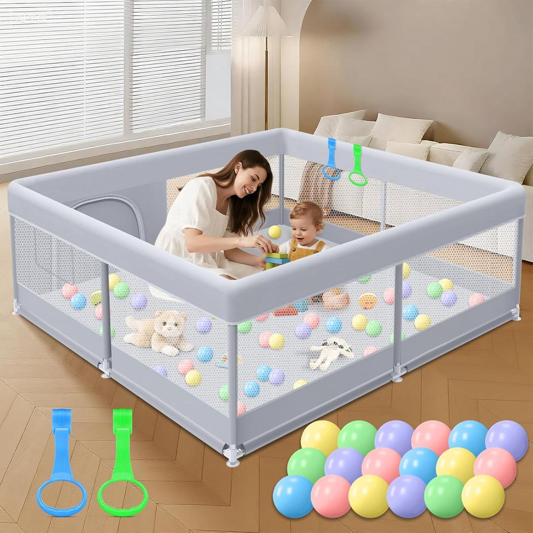 XVISHX 50 x 50 Inch Baby Playpen with Mat, Playpen for Babies and Toddlers, Baby Playard for Indoor & Outdoor Active Center Game Fence, with SkinFriendly Fabric and Soft Breathable Mesh, Grey