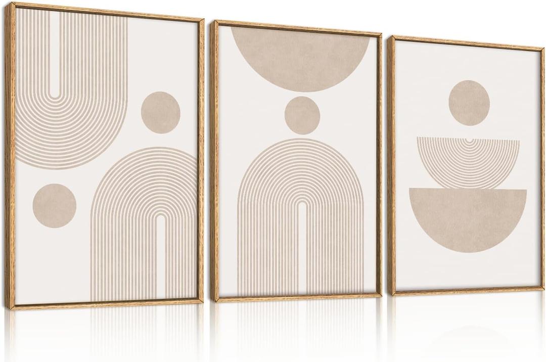 Large Neutral Beige Boho Framed Canvas Wall Art Set,Abstract Minimalist Arch Lines Wall Decor,Mid Century Modern Geometric Spiral Artwork for Living Room,Bedroom,Office-24 x36 x3