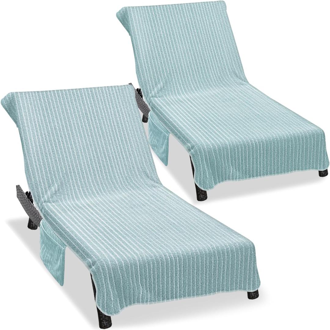 Lounge Chair Towel Cover (Pack of 2), Ultra Plush & Absorbent Micro Fleece Chair Towel for Pool, Beach, Patio & Garden|Quick Dry, Non-Slip Design with 2 Side Pockets|85" x 30"- Green White
