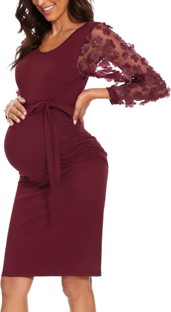 Floral Mesh Bishop Long Sleeve Maternity Midi Dress, Fall Maternity Bodycon Dress for Baby Shower, Small, Long Sleeve Wine Red