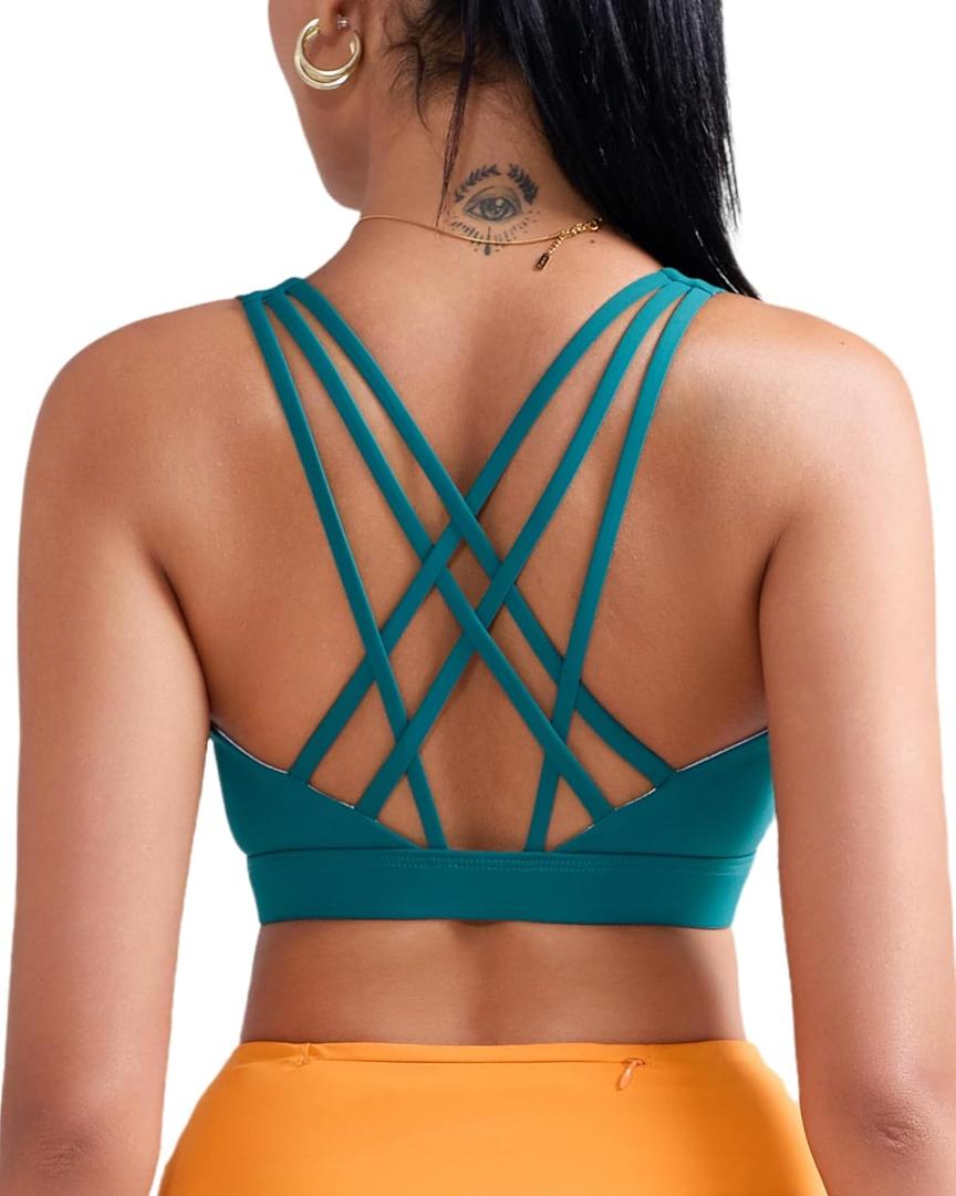 RUNNING GIRL Sports Bras for Women, Medium-High Impact Running Strappy Sports Bra with Removable Pads (Green, L)
