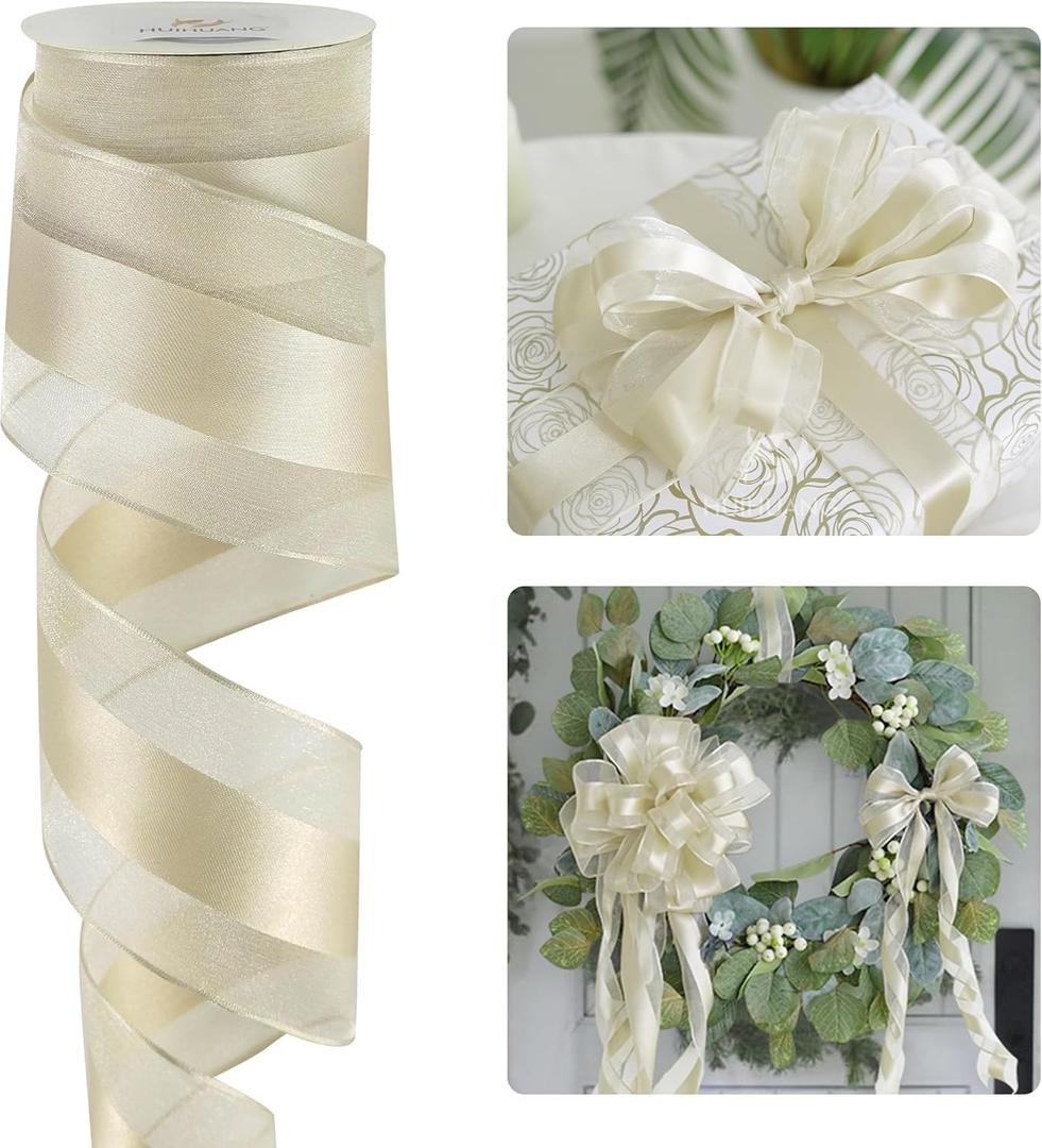 HUIHUANG Champagne Sheer Wired Ribbon with Satin Stripe 2.5 inch Champagne Christmas Tree Ribbon for Bows Making, Wreaths, Garland, Gift Wrapping, Bridal Shower Wedding Decor-Continuous 10 Yards