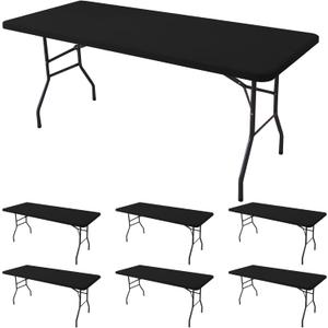 Fitted Tablecloth for 8 Foot Rectangle Tables-6 Pack Black Elastic Outdoor Picnic Table Cover-Spandex Stretch Folding Table Cloths 8ft for Camping Dining Room Patio Kitchen Banquet Party