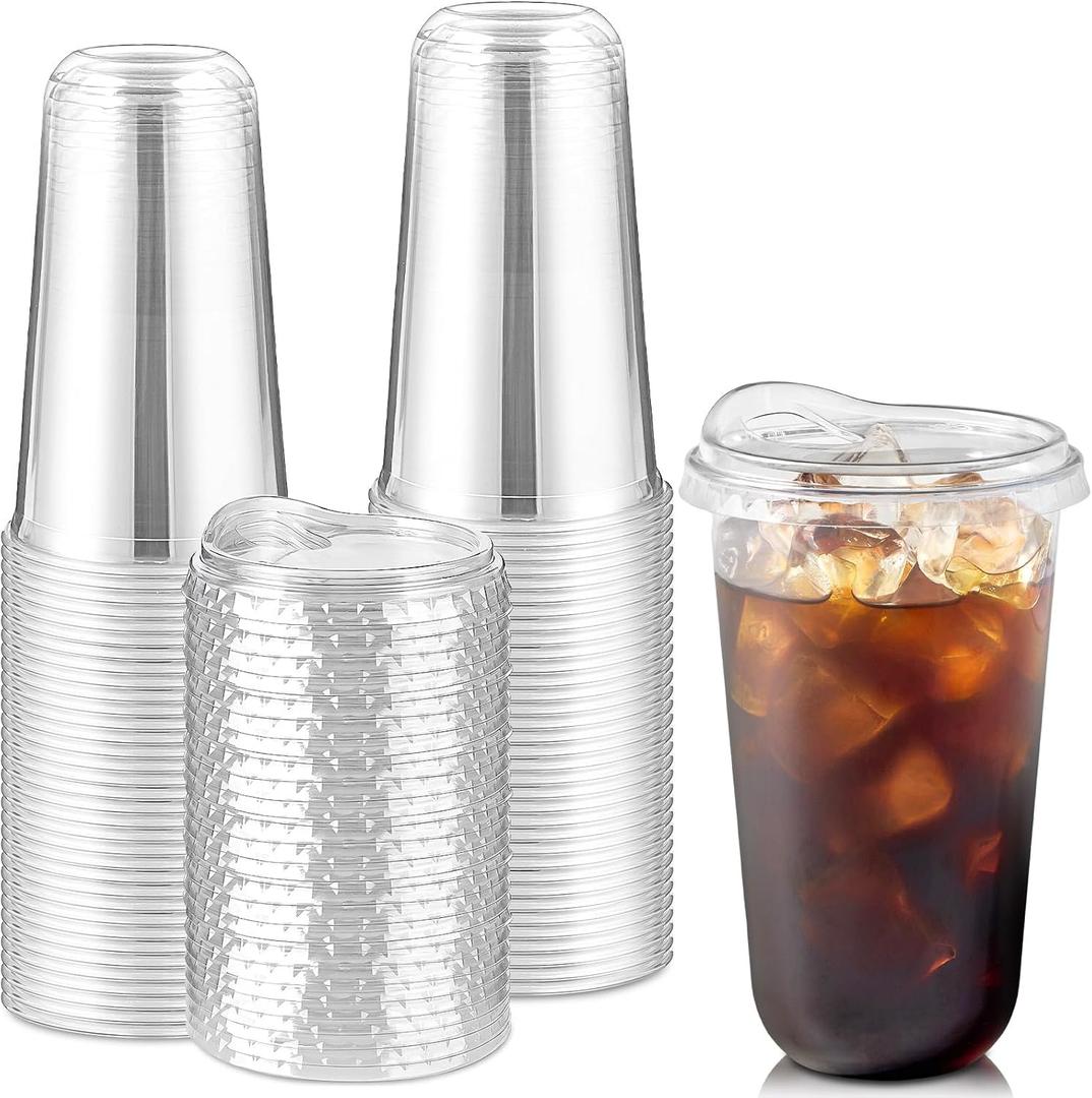 Round Bottom Clear Plastic Cups with Sip Lids, 50 Sets, 18 Oz Disposable Iced Coffee Cups with Strawless Lids To Go Cold Drink Cups for Smoothies, Juices, Party Catering