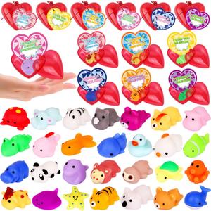 28 Pack Valentines Day Gifts for Kids Classroom Mochi Squishies Fidget Toys Filled Heart with Valentines Cards for Kids School, Valentines for Class Valentines Exchange Cards Party Favors Prizes