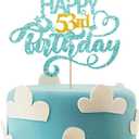 2 x Sky Blue Glitter Happy 53rd Birthday Cake Topper, Fifty Three Years Old Birthday Party Cake Decor, Gold Number 53 Birthday Party Supplies Decorations for Men or Women