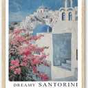 Natural Oak Tropical Island Frame Wall Art, 12x16inch White and Blue Architectural Pink Flower Canvas Wall Printed Matter, Classic City Landmark Wall Decoration Office Bedroom Living Room