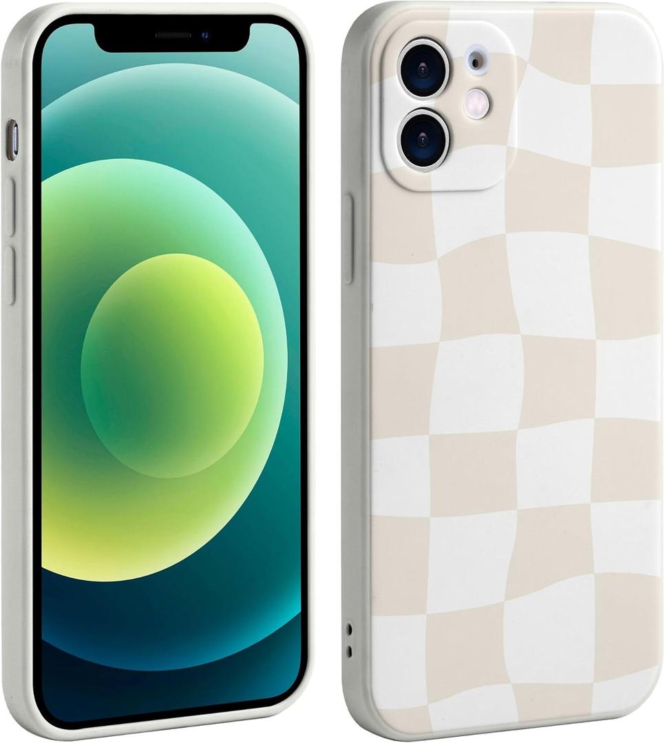 Checkered Phone Case for iPhone 12 Case for Girls Women Soft Slim Shockproof Cute Print Design Cases Compatible with iPhone 12 -Beige