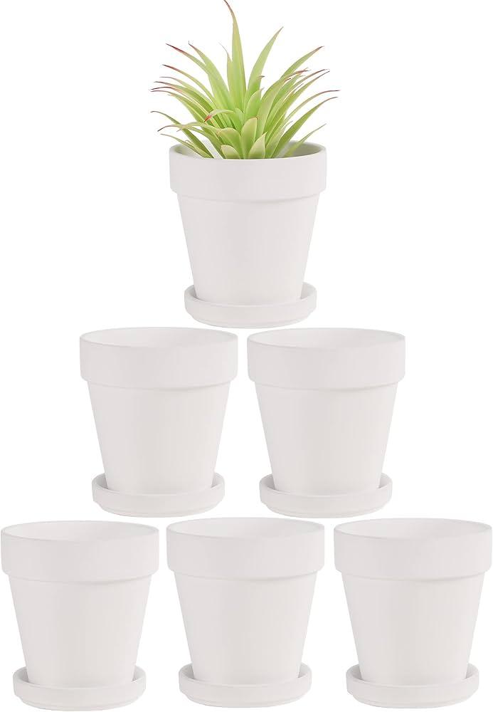 Fcacti 4 Inches Small White Terracotta Pots with Saucer, 6 Pack 4" Terra Cotta Planter with Drainage Holes, Small Clay Flower Pots for Plants, Succulents, Crafts, Wedding Favor