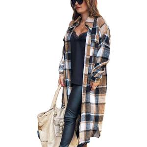 Omoone Women's Flannel Plaid Shacket Fall Oversized Long Button Down Shirt Jacket Shackets (Brown) S
