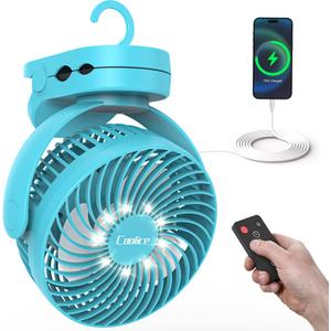 Camping Fan with Remote Control - 12000mAh Rechargeable Battery Powered Fan, Camping Fans for Tents with LED light & Hanging Hook, Rechargeable Battery Operated Ceiling Fans for Tent RV Bed, Blue