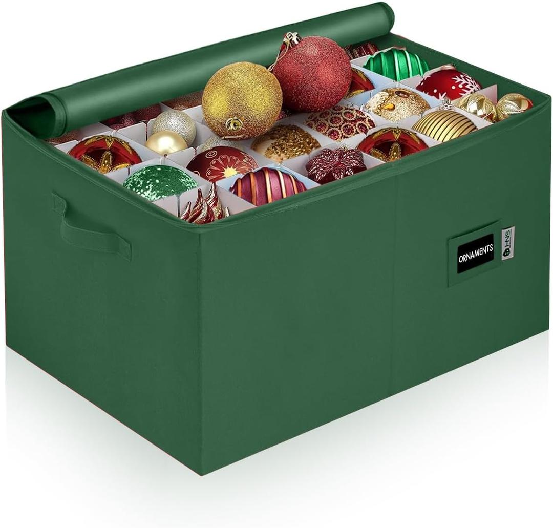 Christmas Ornament Storage Container with Dividers - Box Stores Up to 96 Ornaments, Zippered, Convenient, Adjustable, Large Organizer Bin to Protect Holiday Dcor, Fits Most Standard Size, Green