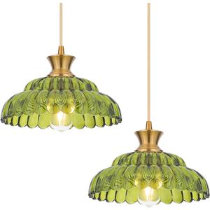 2Pack Glass Pendant Lights, 11.8" Vintage Lighting Green Glass Light Fixtures Brushed Gold Modern Green Chandelier Hanging Ceiling for Kitchen Island Dining Room Restaurant Foyer Entryway (12in/2PC)