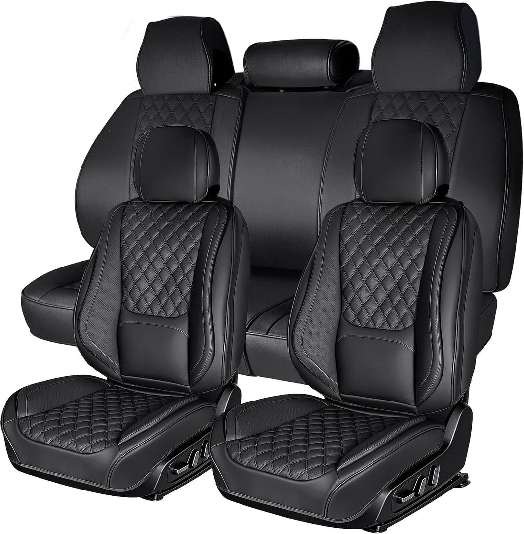 Car Seat Covers Full Set, Black Faux Leather Waterproof Seat Protectors, Breathable with Lumbar Support, Front Seats Back Seat Covers,Wear-Resistant Universal Fit for Most Cars, Trucks, SUV