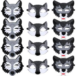 Minatee 12 Pcs Wolf Mask Costume Animal Mask Felt Half Face Mask Wolf Birthday Party Supplies for Halloween Masquerade Adult Dress up Anime Wild Animal Cosplay Accessory Wolf Party Decoration, 3 Style