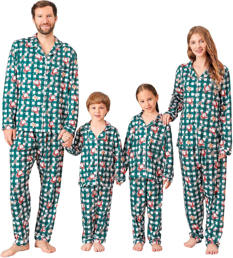 ANGELGGH Family Christmas PJs Matching Sets Long Sleeve Festival Party Pajamas Holiday Warm Sleepwear Couples Button Loungewear (Women, L, Green Canes Santa)