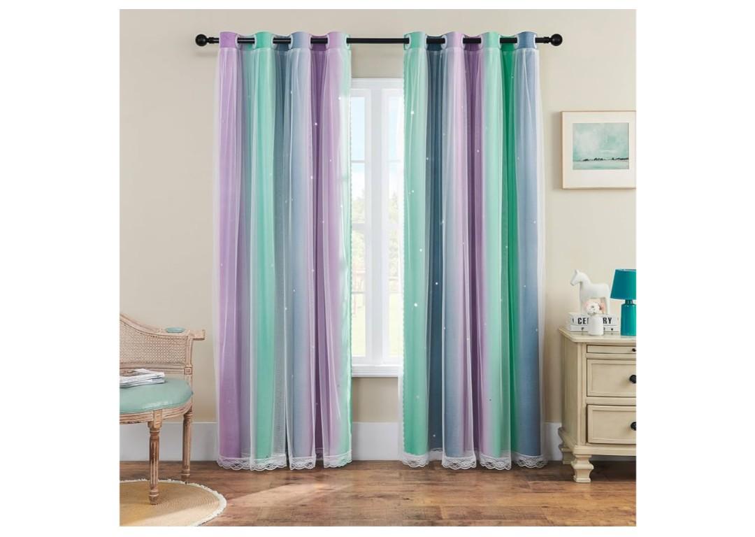 Purple Grey Curtains for Kids Bedroom, Princess Room Decor Green Curtain, Cute Curtains Blackout, Curtains Girls Bedroom 63 inchs Long 34 inches Wide 2 Panels