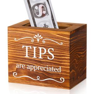 Vesici Wooden Tips Jar Tip Collection Box 6 x 4 x 5 Inch Donation Bucket Money Coin Storage Container Suggestion Box Raffle Cash Box for Bartender Restaurants Bars Musicians Driver(Burnt Wood)
