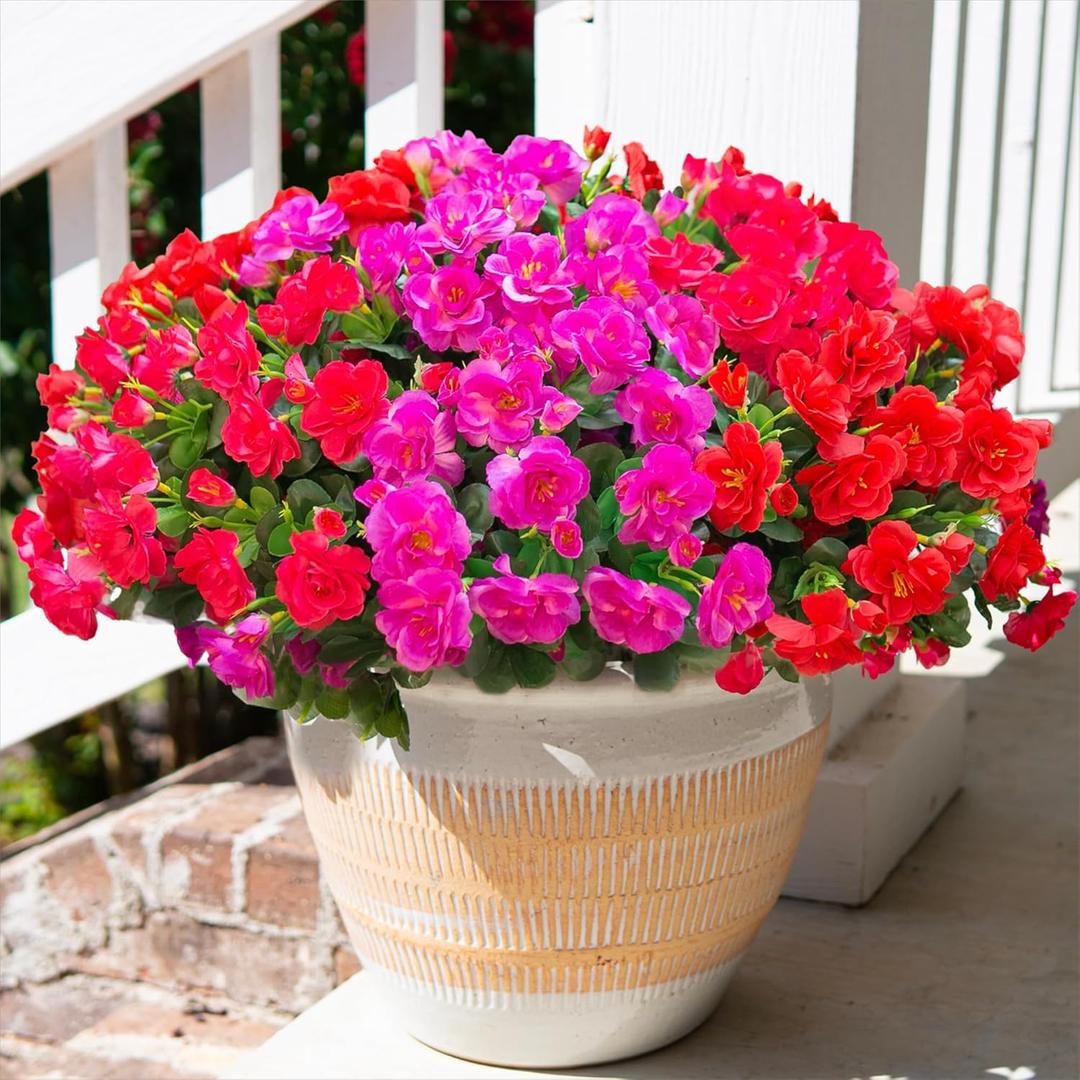 HyeFlora Artificial Faux Outdoor Outside Flowers Plants for Spring Decor, Fake Silk Colorful Camellia UV Resistant Look Real for Planter Front Door Porch Patio Balcony Decoration, 3 Large Bundles