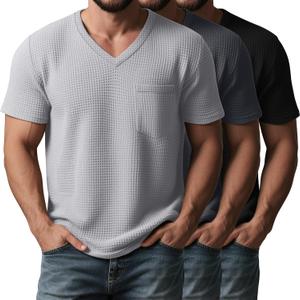 Huukeay 3 Pack Men's Big and Tall Shirts V Neck Waffle Short Sleeve Tops Workout Casual Summer Tees with Pocket