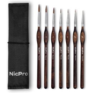 Nicpro 7pcs Kolinsky Sable Miniature Paint Brushes, Professional Fine Detail Paint Brushes with Cloth Roll, Round Point Artist Brush Set for Miniatures, Acrylic & Figures, Model, Watercolor Details