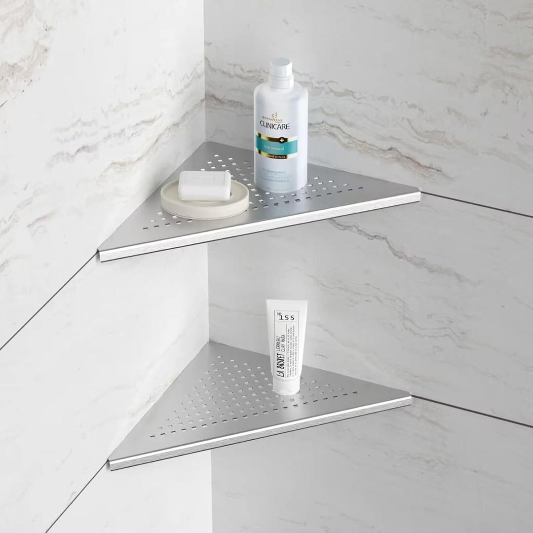 Neodrain 10 Inch Brushed Shower Shelves Corner Shelf for Tile Wall,304 Stainless Steel Corner Shower Shelves for Bathroom, Floating Corner Shelves for Shower Wall, No Drilling(Set of 2)