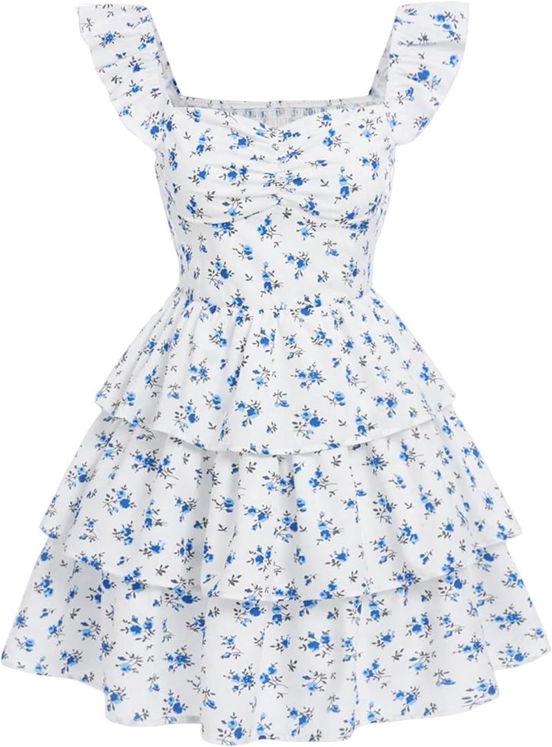 RoseSeek Girl's Floral Summer Dress Ruffle Shirred High Waist Ruched Sweetheart A Line Spring Dress, White, 11Y