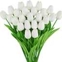 24pcs Fake Tulips Artificial Flowers with Stems Latex Real Touch Faux Tulips Arrangement Bouquet for Home Kitchen Wedding Decorations (White)