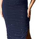 Sequin Bodycon Midi Dress for Women Sexy Sparkly Ruched Mesh Spaghetti Strap Split Cocktail Party Dresses, Size XL