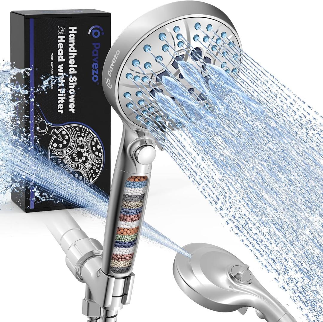 Pavezo High Pressure Handheld Shower Head with Filter, ON/OFF Switch Pause Button, 10-mode Shower Head with Hard Water Softener Filters, SS Hose, Anti-clog & Powerful Clean Tile & Pet, Premium Chrome