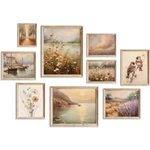 Farmhouse Wall Decor Vintage Posters for Room, Netural Boho Wall Art, Eclectic French Country Flower Art Prints,, Nature Landscape Sunset Clouds Cottage core Gallery Wall Pictures for Bedroom Living Room (Set of 9pcs)