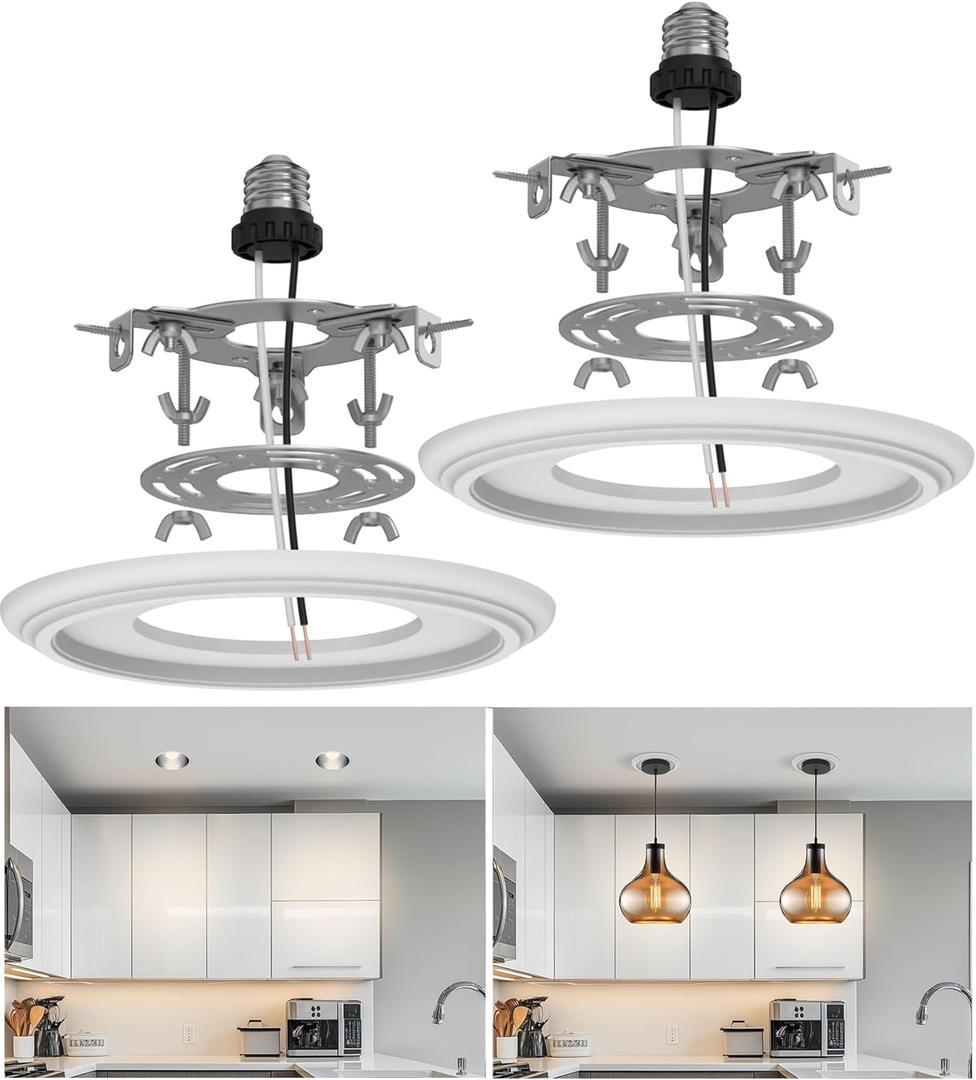 5" and 6" Recessed Can Light Conversion Kit 2-Pack, Light Fixture Upgrade, Pendant Light, Fan Compatible, Includes 7 Inch Decorative Plastic Medallion, White Finish