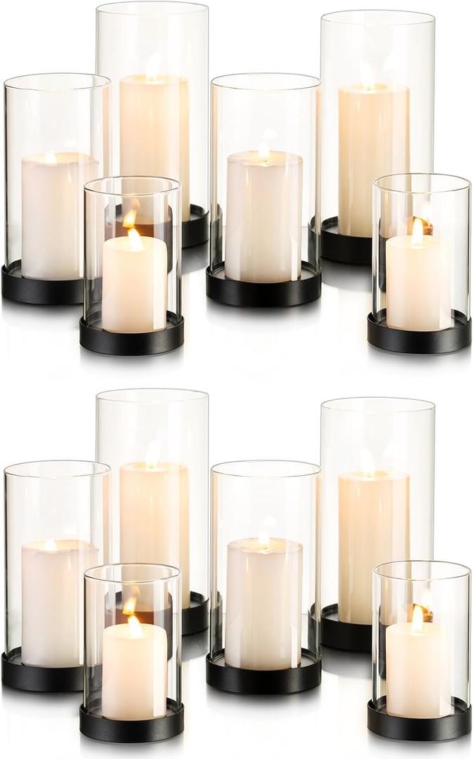 Hewory Hurricane Candle Holder for Pillar Candles: Black Votive Candle Holders Set of 12, Glass Hurricane with Metal Candle Plate, Pillar Candle Holder for Table Centerpiece Wedding Holiday Home Decor