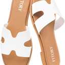 FITORY Women's Slide Sandals, Flat Fashion Square Open Toe with Cushion Slippers for Summer Beach, Size 8 (White)