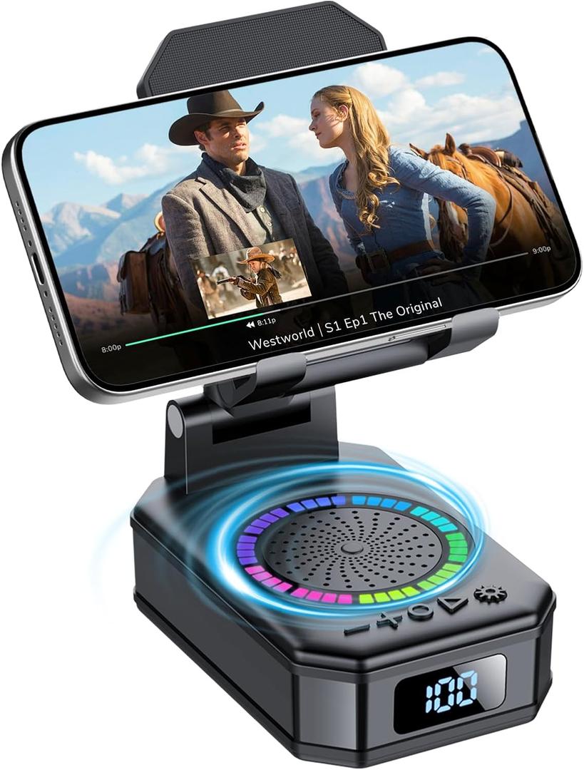 Gifts for Men Women, Cell Phone Stand with Wireless Bluetooth Speaker and Colorful LED Lights, 4-in-1 Multifunctional Phone Holder Support Fast Charging, Adjustable Desktop Stand, Best Gifts