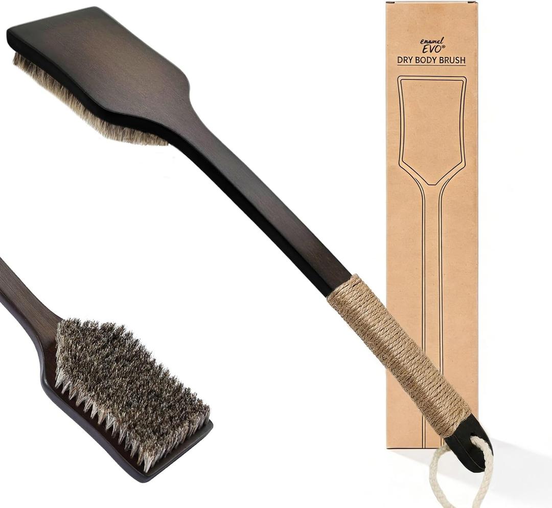 Back Scrubber Shower Brush,Dry Brushing Body Brush with 17.7 Inch Curved Long Handle, Natural Bristles for Lymphatic Drainage (Natural Fiber, Medium)