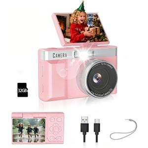 Kids Digital Camera with 180 Flip Screen, 32GB Memory Card Digital Cameras,1080P HD Point and Shoot Digital Cameras, Built in Educational Games,Ideal Gifts for Kids Boys Girls(Pink)
